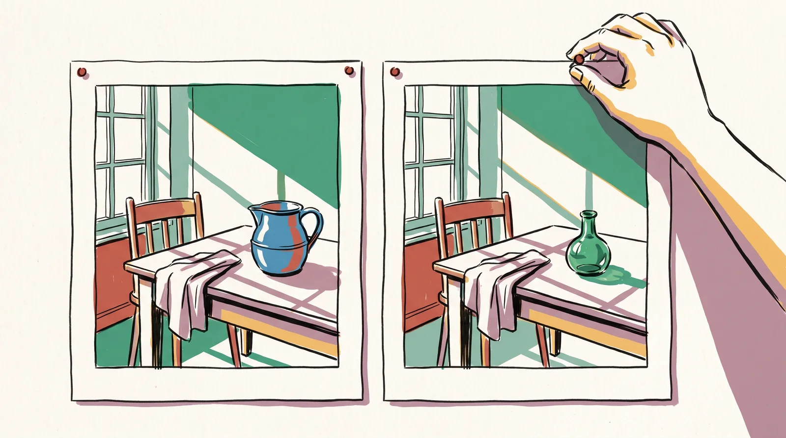 An ink drawing of two pinned prints of the same kitchen corner, identical except that a blue jug in the first becomes a green bottle in the second.