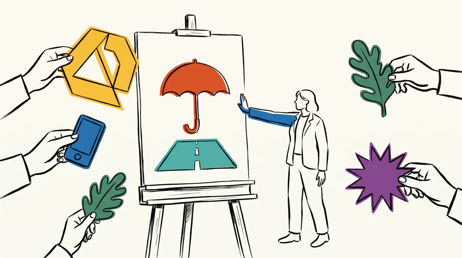 An ink drawing of a poster showing one red umbrella, with several hands reaching in holding cut-out extras and an art director blocking them with her arm.
