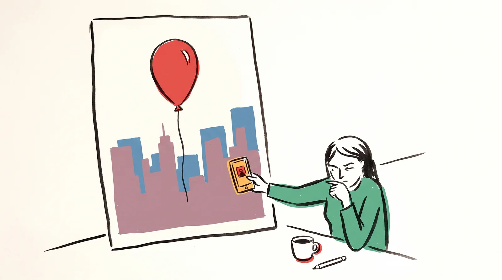 An ink drawing of an art director holding a phone at arm's length showing a tiny version of a large poster of a red balloon leaning on the wall behind.