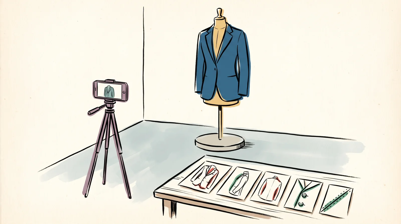An ink drawing of a jacket on a dress form on a turntable photographed by a phone on a tripod, with prints of its front, side, back and buttons laid out.