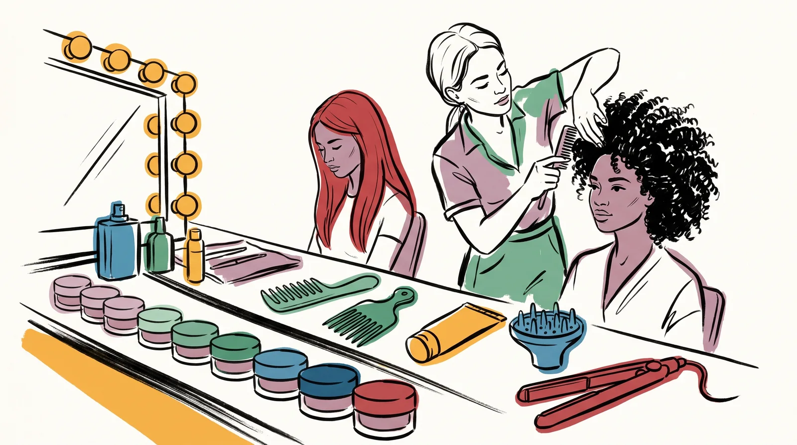 An ink drawing of a make-up counter with foundation pots from pale to deep and tools for every hair type, where an artist styles a model's coily hair at a lit mirror.
