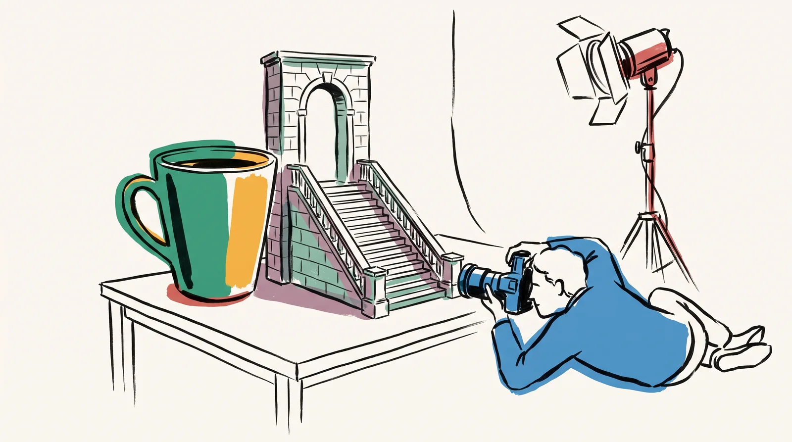 An ink drawing of a photographer lying low with a camera level with a small model staircase on a table, a coffee cup beside it larger than its arch.