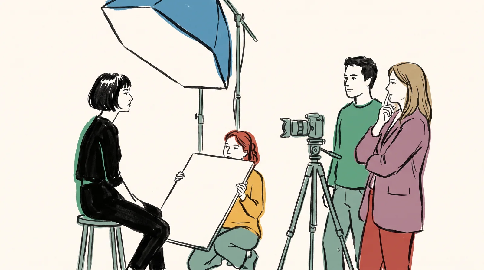 An ink drawing of an assistant holding a white reflector below a seated model's face while the art director touches her own chin to show the photographer the problem.