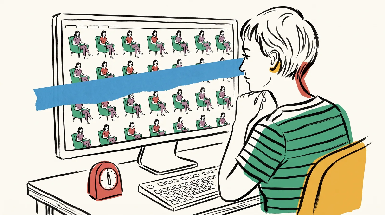 An ink drawing of an art director at a monitor full of near-identical generated pictures, with tape across the screen marking where she will stop and a kitchen timer on the desk.