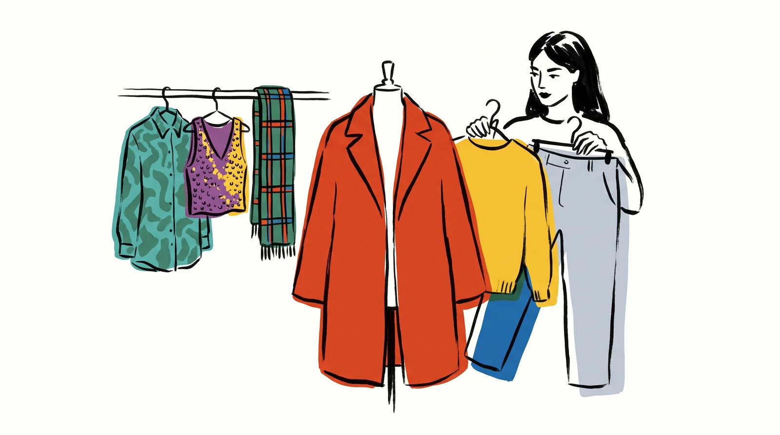 An ink drawing of a stylist holding plain knitwear and grey trousers against a rust coat on a dress form, with louder patterned pieces set aside on a rail.