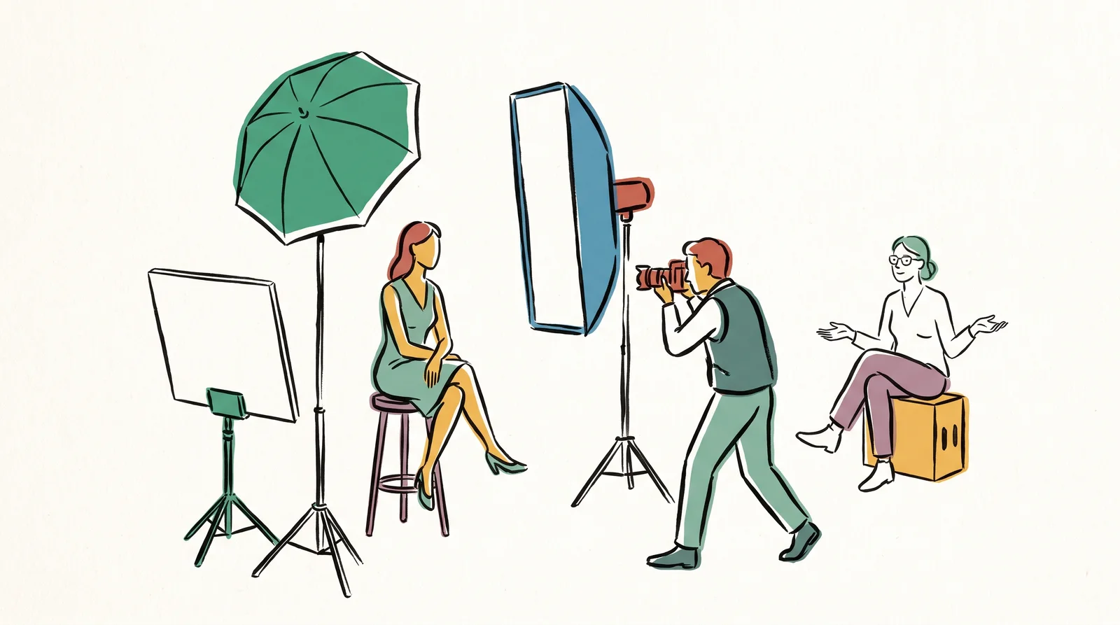 An ink drawing of a photographer trying an umbrella, a softbox and a bounce card around a seated model while the art director watches calmly from behind.