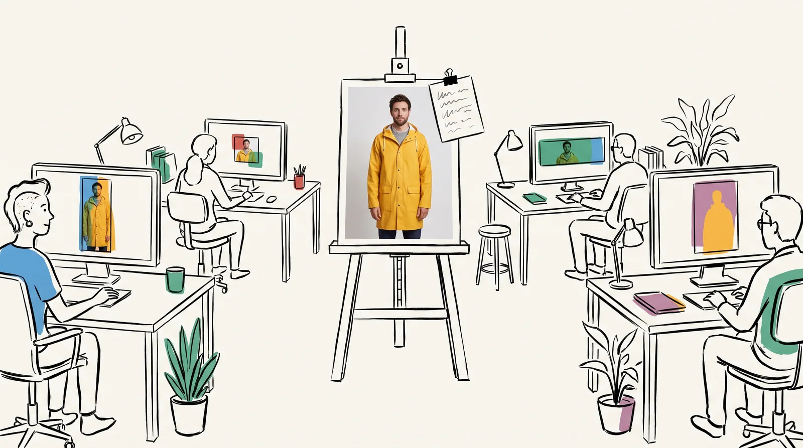 An ink drawing of a master photograph on an easel in a studio, surrounded by designers adapting it into tall, square and wide versions on their screens.
