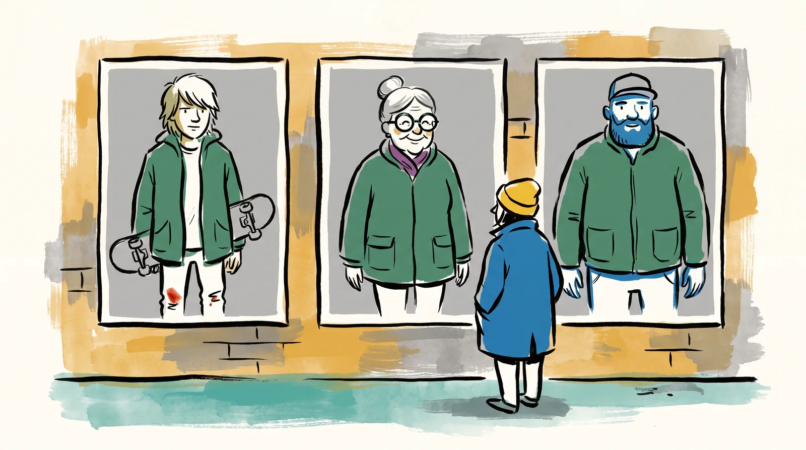 An ink drawing of three matching posters of an olive jacket, each worn by a different person, a teenager, an older woman and a bearded man, with a passer-by comparing them.