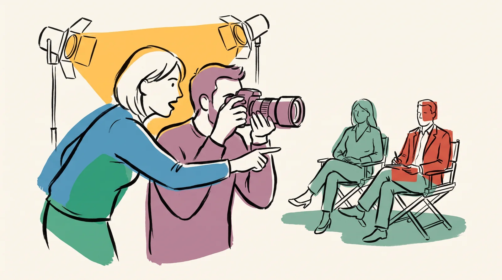 An ink drawing of an art director talking to a photographer at the camera while a client and account manager sit quietly behind in folding chairs taking notes.