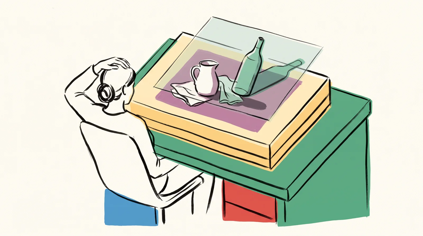 An ink drawing of a translucent product photograph lying over a reference photograph on a light box, their outlines matching, while a designer leans back looking worried.