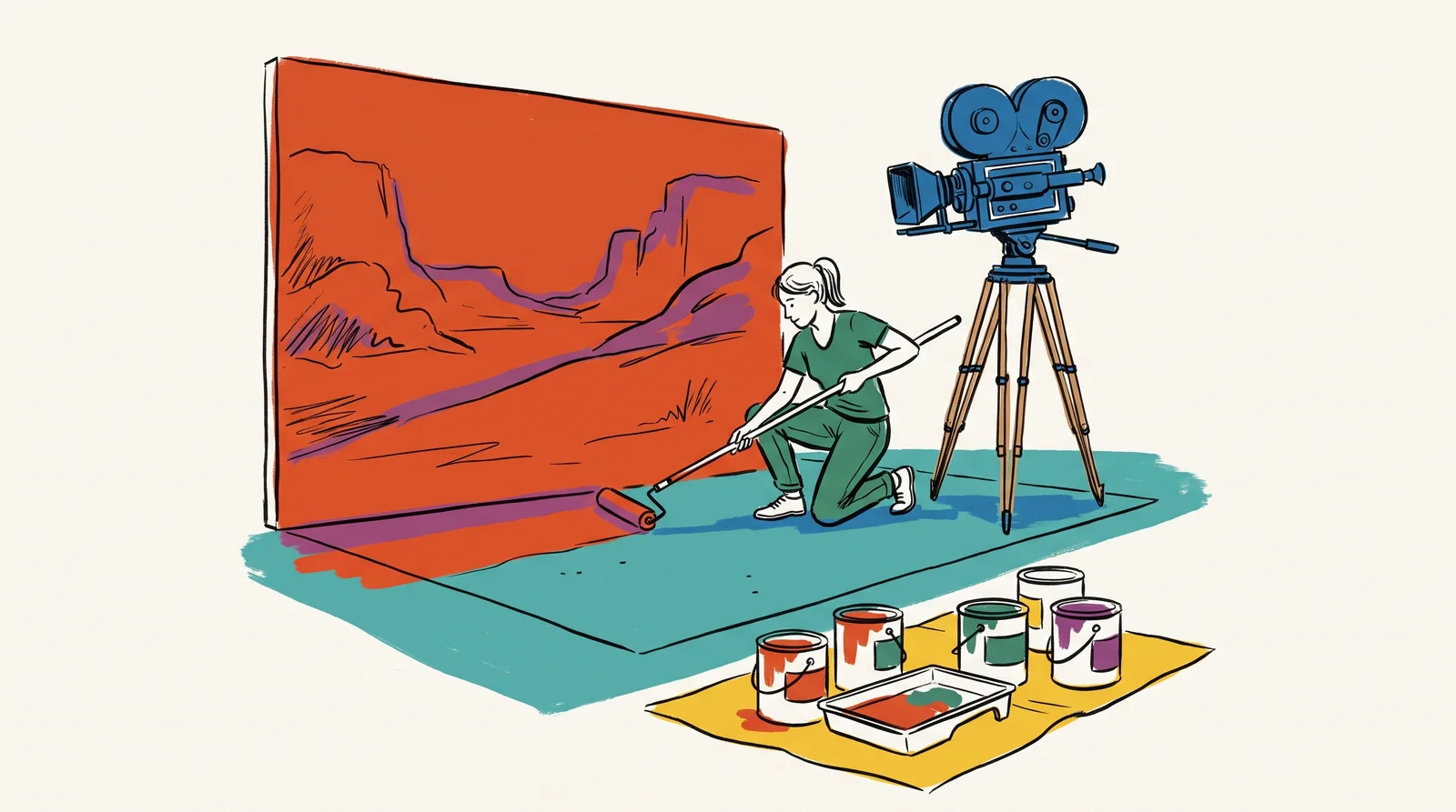 An ink drawing of a scenic painter rolling terracotta paint onto the studio floor in front of a matching painted wall while a camera waits on a tripod.
