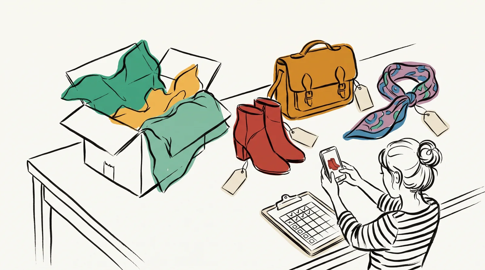 An ink drawing of an assistant photographing borrowed boots with a phone beside an open courier box, a tagged bag and scarf, and a clipboard list.