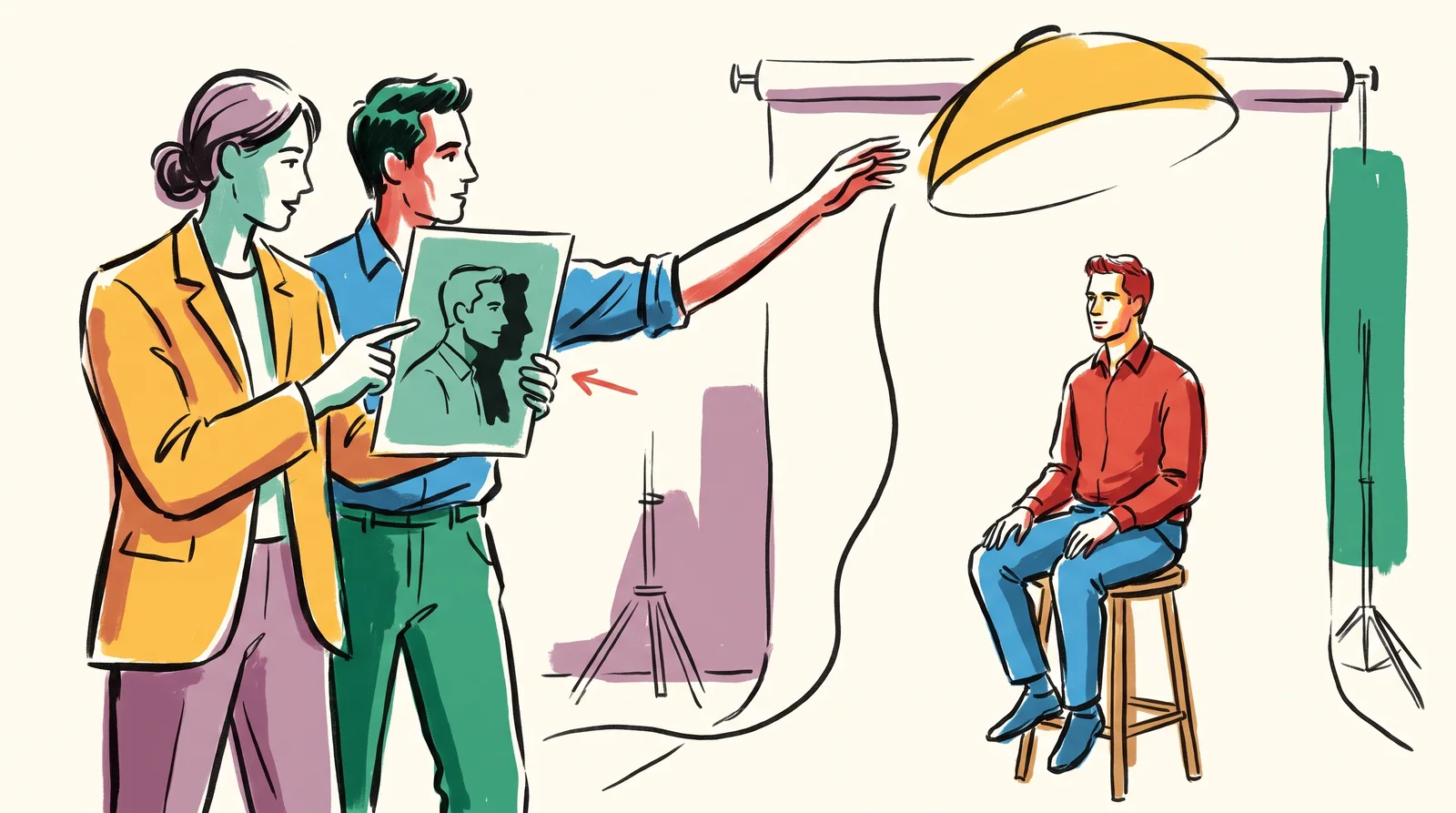 An ink drawing of an art director holding a reference print of a side-lit man beside the photographer, who reaches to move a light toward the side.