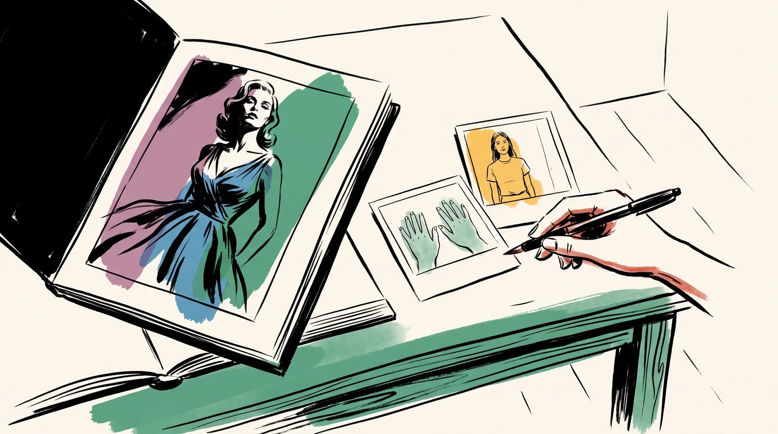 An ink drawing of a casting director's finger resting on plain instant photos of a woman and her hands, next to an open portfolio showing a glamorous portrait of her.