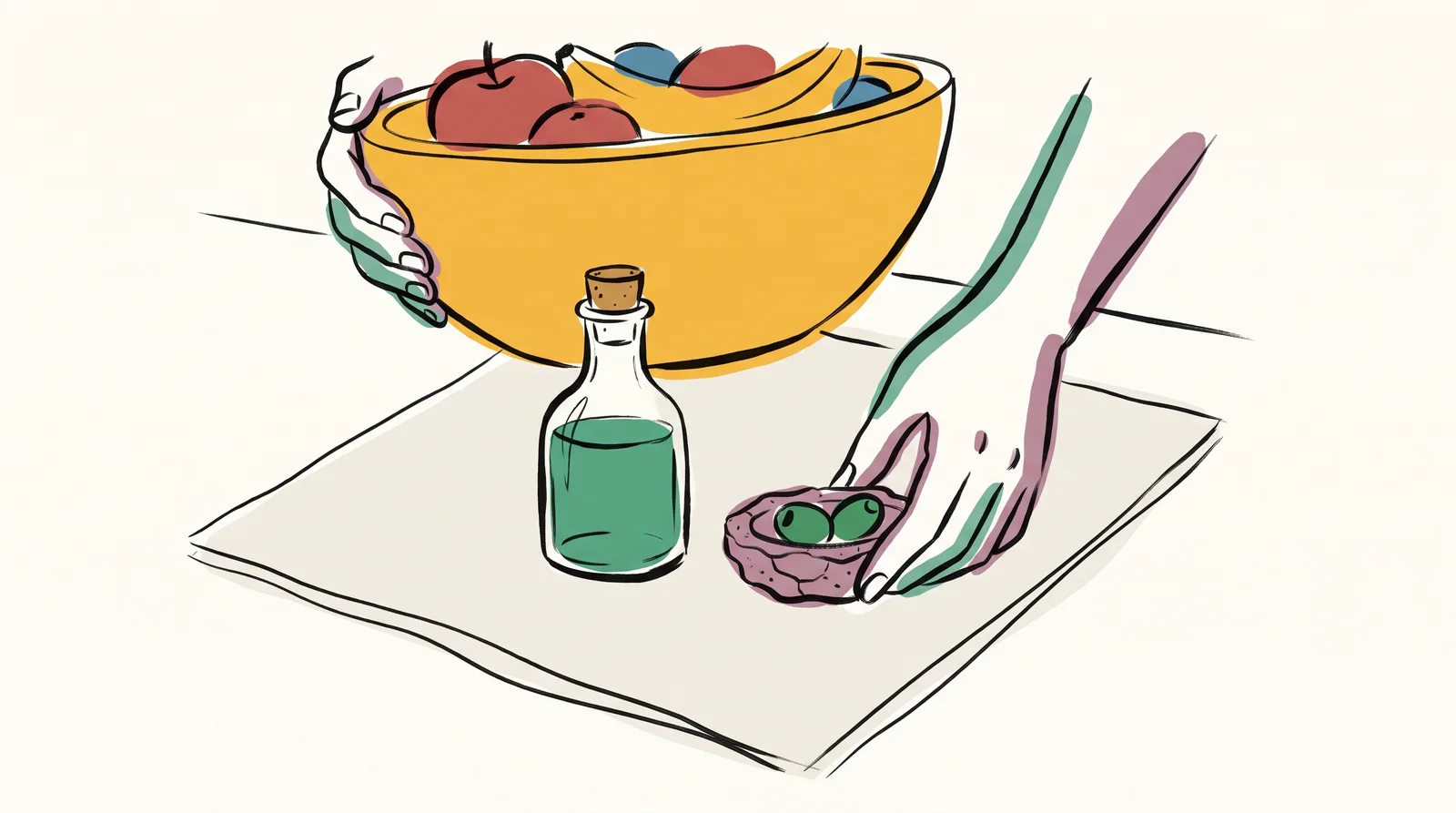 An ink drawing of a stylist's hands lifting a large fruit bowl away from a small glass bottle and setting a small stone dish in its place.