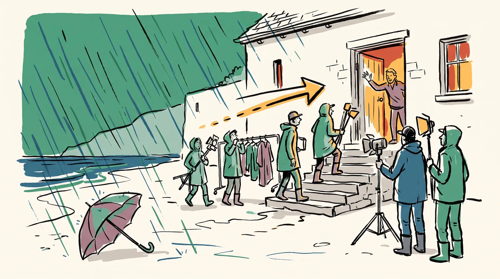 An ink drawing of crew carrying lights and a clothing rail into a beach house while heavy rain falls on the empty beach behind them.