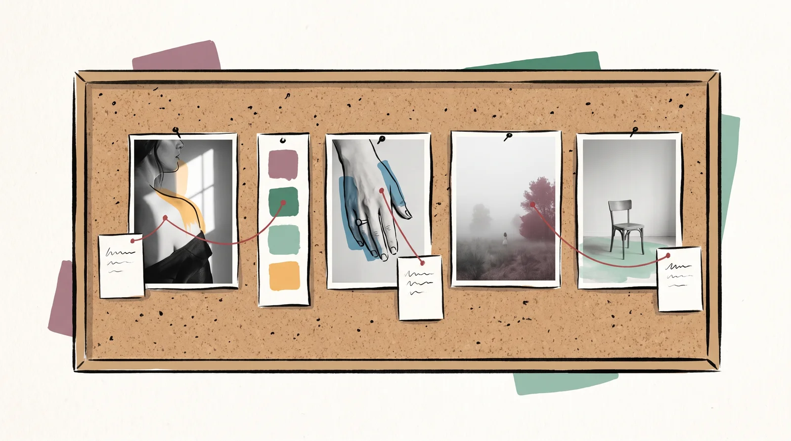 An ink drawing of a cork board with five photographs, each with a small note card and a red thread pointing to the exact detail it is chosen for.