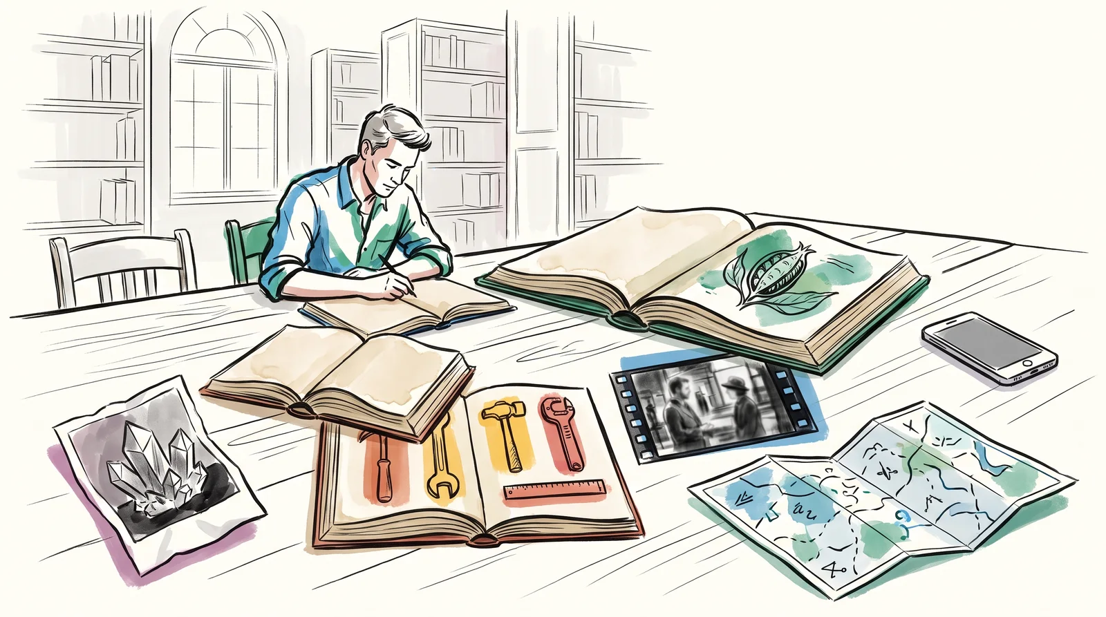 An ink drawing of a designer at a library table surrounded by open old books, a crystal photograph and a catalogue page, with her phone face down at the edge.