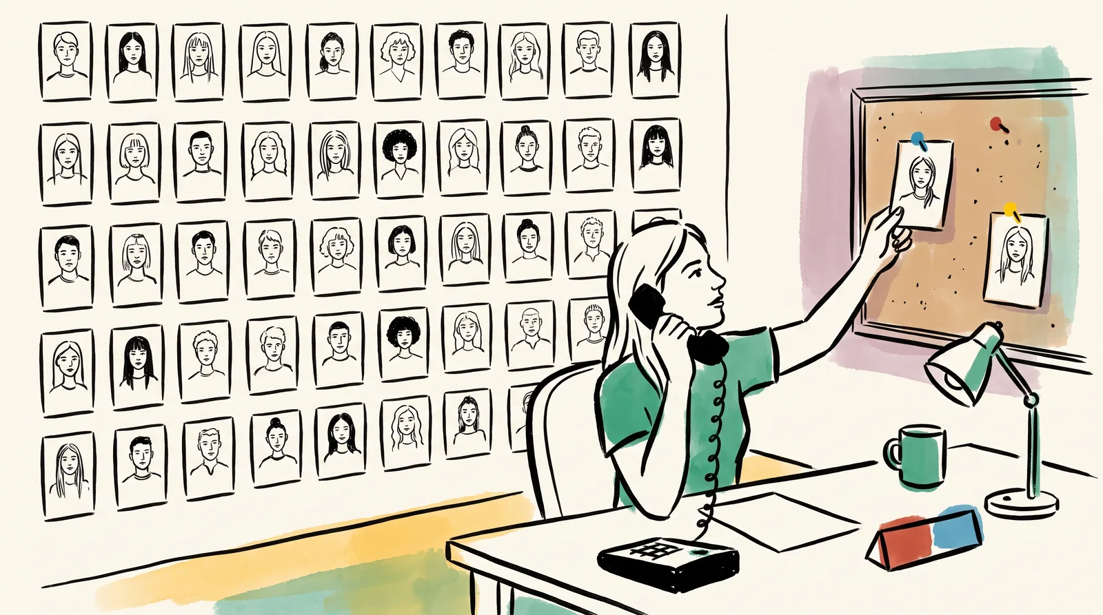 An ink drawing of a booker on the phone taking one pinned model card off a board and returning it to a wall of model cards.