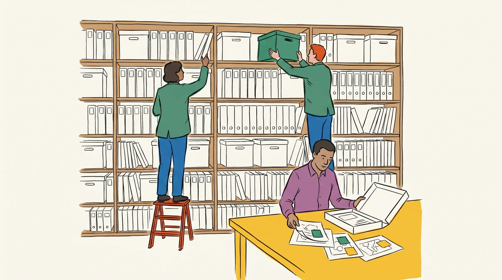 An ink drawing of a person on a step ladder filing a project box onto tall studio shelves while a junior designer browses an open box of annotated prints at a table.