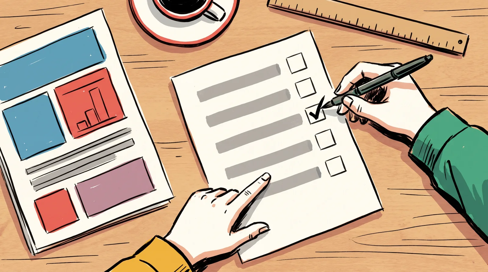 An ink drawing of a designer ticking boxes on a brief sheet next to a printed poster while a junior colleague watches from across the desk.