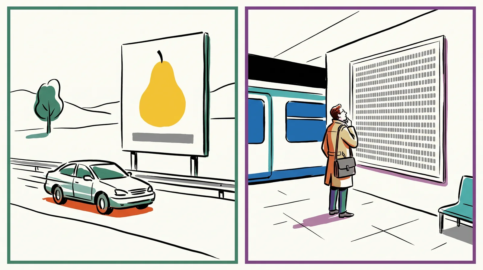 An ink drawing of a car speeding past a simple pear billboard beside a commuter on an underground platform reading a long text-filled poster.
