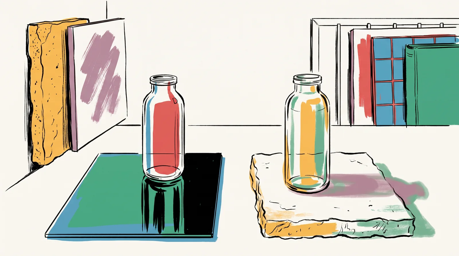 An ink drawing of the same glass bottle on glossy black acrylic with a mirror reflection and on rough limestone with a soft shadow, with a rack of surface boards behind.