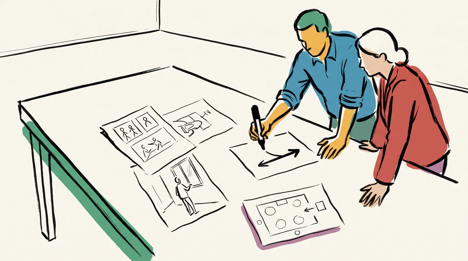 An ink drawing of an art director and photographer bending over rough stick-figure sketches and a top-down lighting plan on a table in an empty studio.