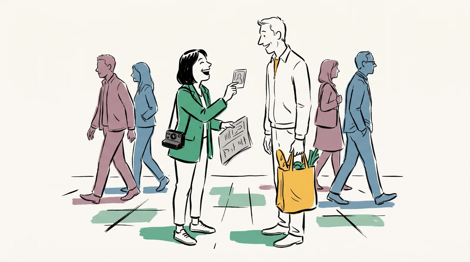 An ink drawing of a casting scout on a busy pavement showing a just-taken instant photo to a tall stranger with grocery bags and handing him a folded sheet.