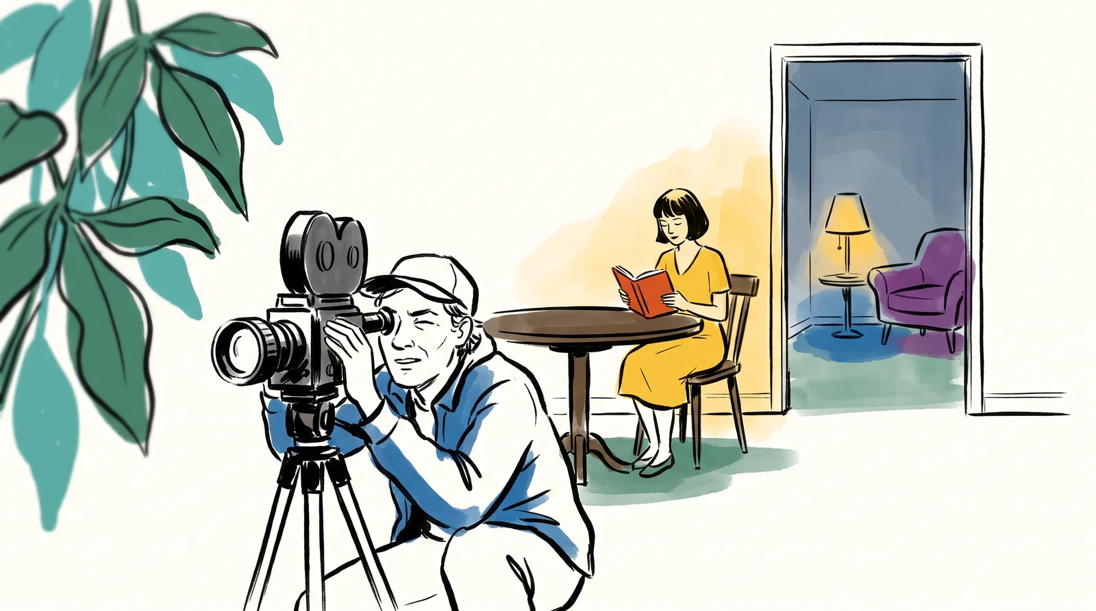 An ink drawing of a photographer shooting past a blurred plant toward a woman reading at a table, with a doorway into a dim room behind her.