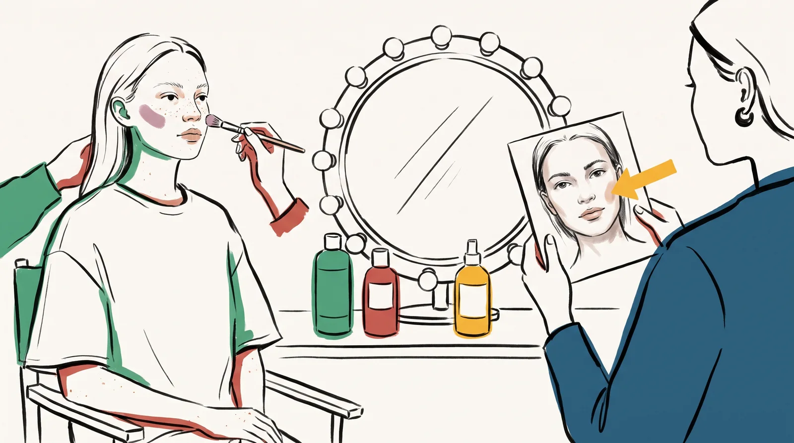 An ink drawing of a make-up artist adding a touch of blush to a freckled model at a bulb-lit mirror while the art director holds up a reference of natural skin.
