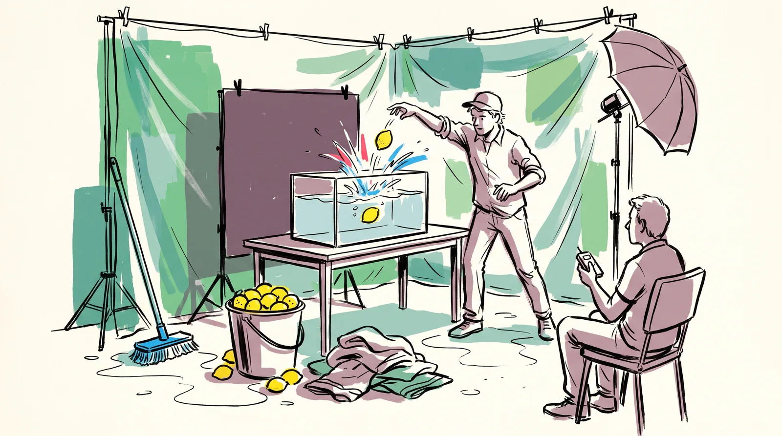 An ink drawing of an assistant dropping a lemon into a water tank as a flash fires, with a bucket of used lemons, a mop and wet towels on the plastic-covered floor.