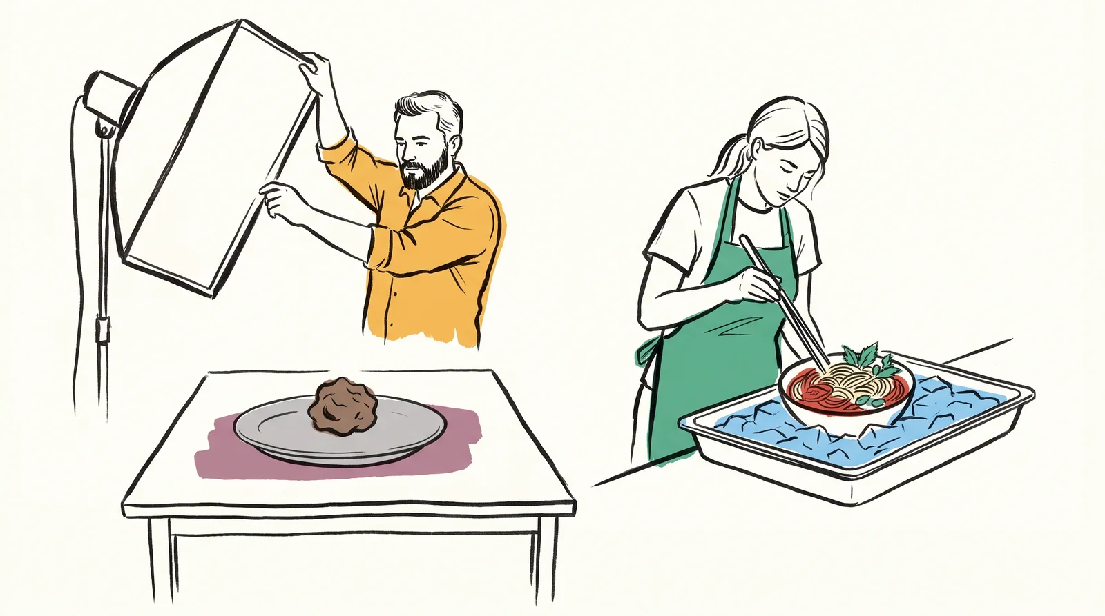 An ink drawing of a photographer lighting a grey stand-in plate while a food stylist arranges the real noodle dish with tweezers over a tray of ice.