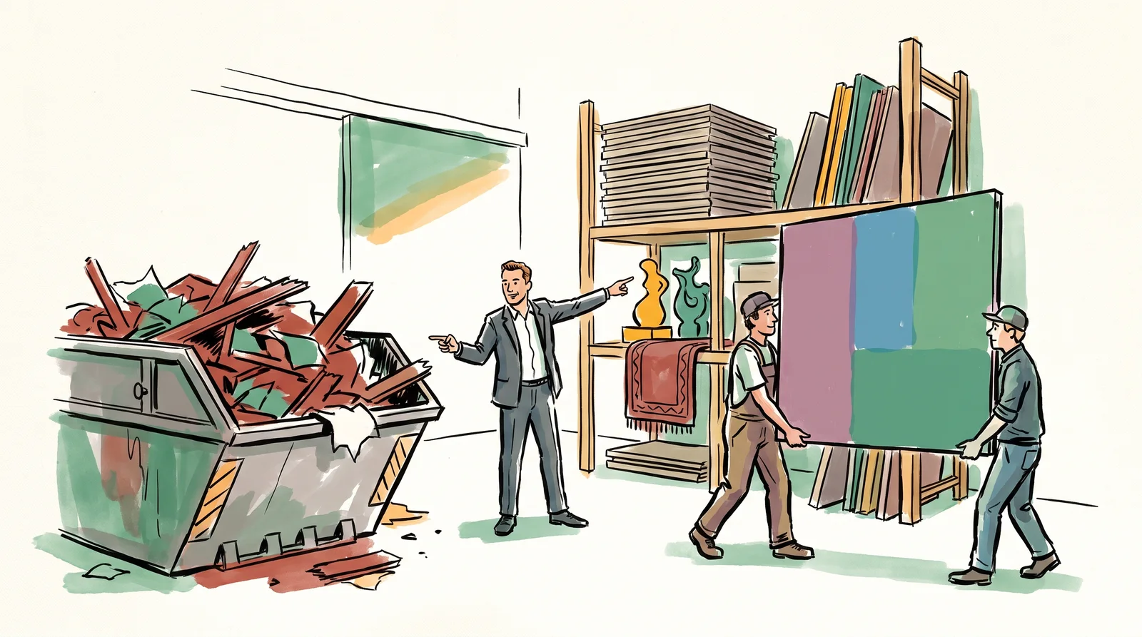 An ink drawing of crew carrying a painted flat to a storage rack while a skip of broken timber stands on the other side and a producer directs them.