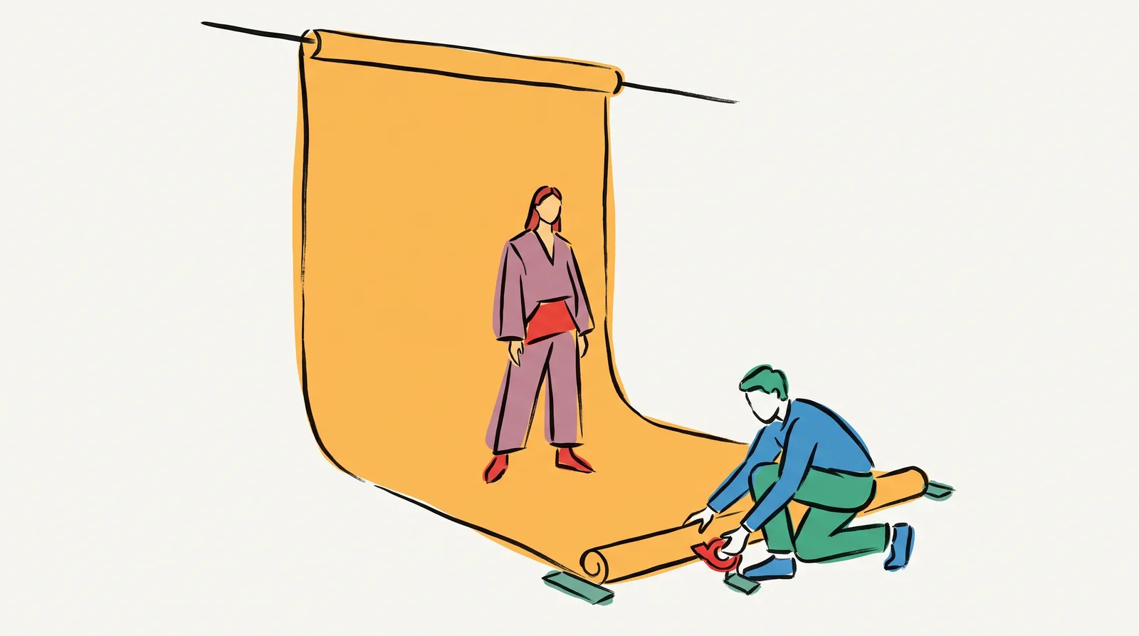 An ink drawing of a peach paper roll curving from a high pole down to the studio floor with a model standing on it and an assistant taping down the front edge.