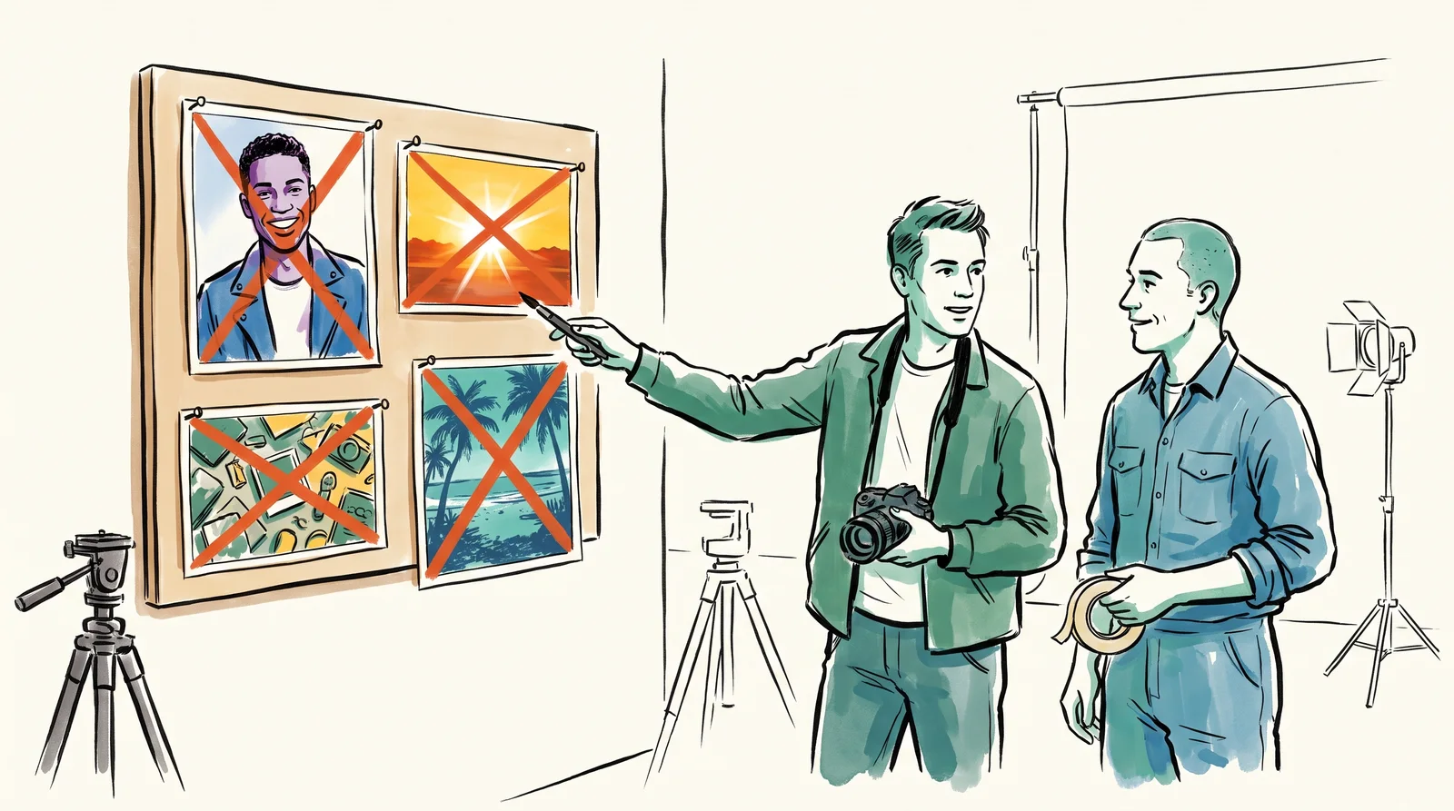 An ink drawing of a photographer and a set builder studying a small board of four photographs, each crossed out with a large red X.