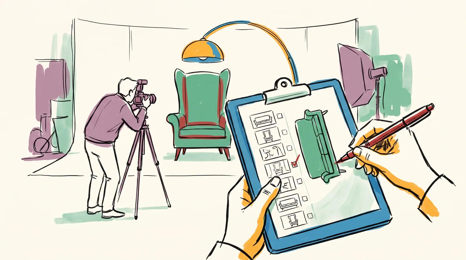 An ink drawing of an assistant ticking a thumbnail sketch on a clipboard shot list while the photographer shoots a sofa set behind her.