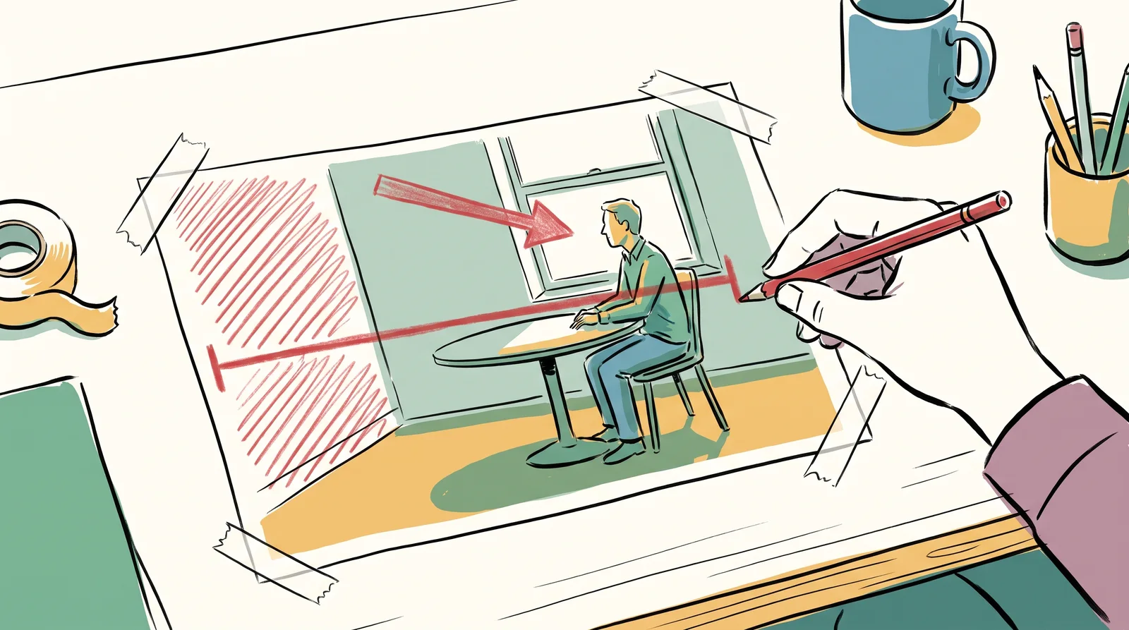 An ink drawing of a hand drawing red arrows and lines on tracing paper laid over a photograph of a man by a window.