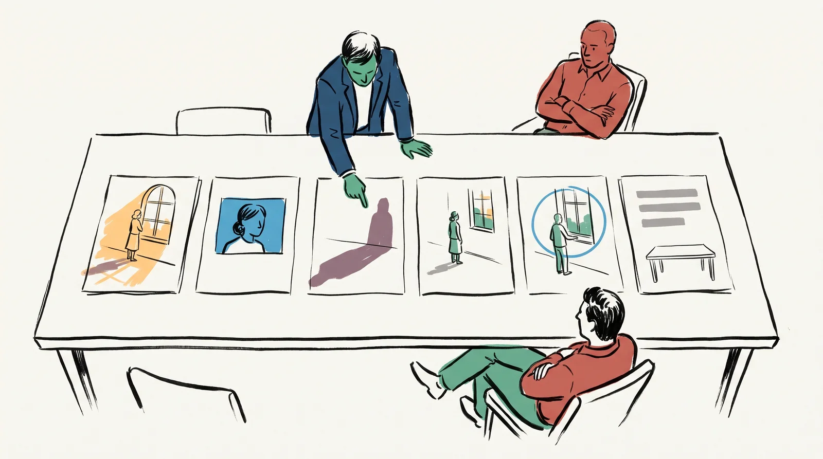 An ink drawing of a client leaning over six loose treatment pages on a table, pointing at a rough picture of window light while the art director watches.