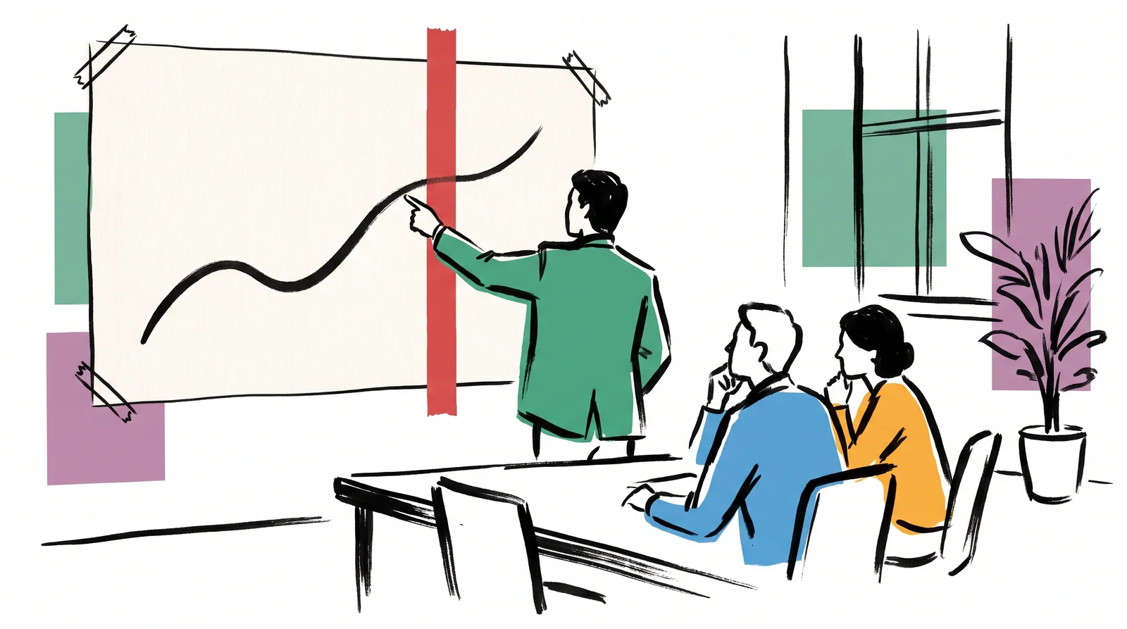 An ink drawing of an analyst pointing at the rising part of a wall chart line that comes before a red tape strip marking the campaign launch.