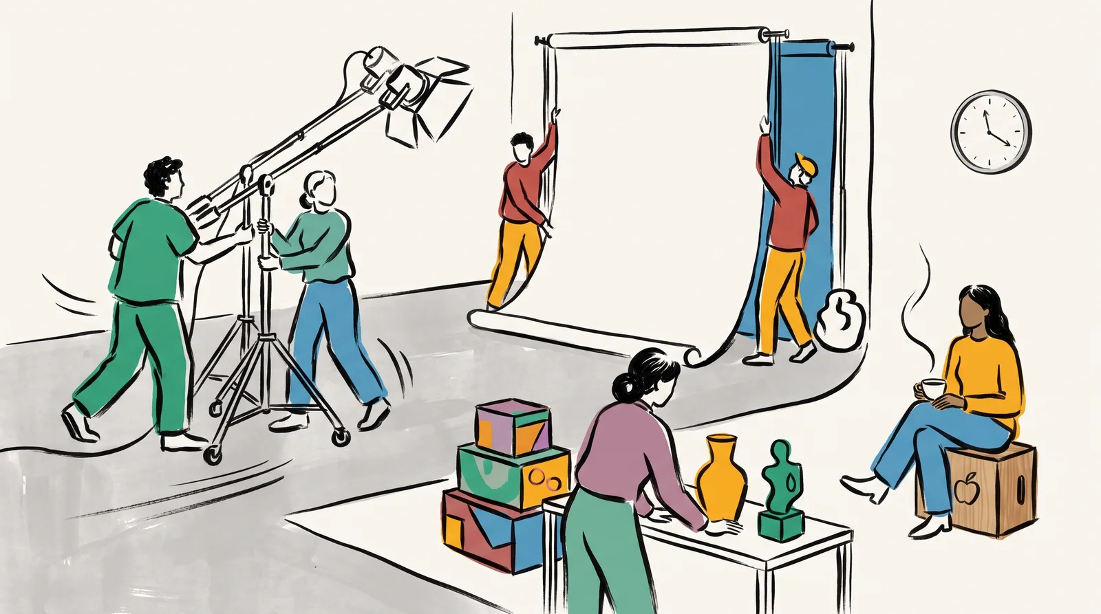 An ink drawing of crew wheeling lights and swapping a backdrop while the model waits on an apple box with tea beneath a plain wall clock.