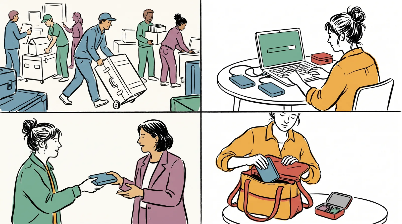 An ink drawing of a digital technician handing one hard drive to a producer and keeping a second in her bag while the crew packs up behind them.