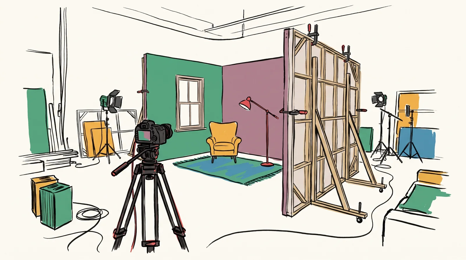 An ink drawing of a studio with a two-wall corner set, an armchair and lamp, showing the timber bracing behind the walls and a camera facing the corner.