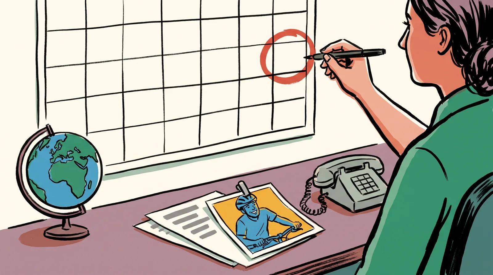 An ink drawing of a producer circling one square on a large wall calendar in red, above a desk with a campaign photograph clipped to a contract.