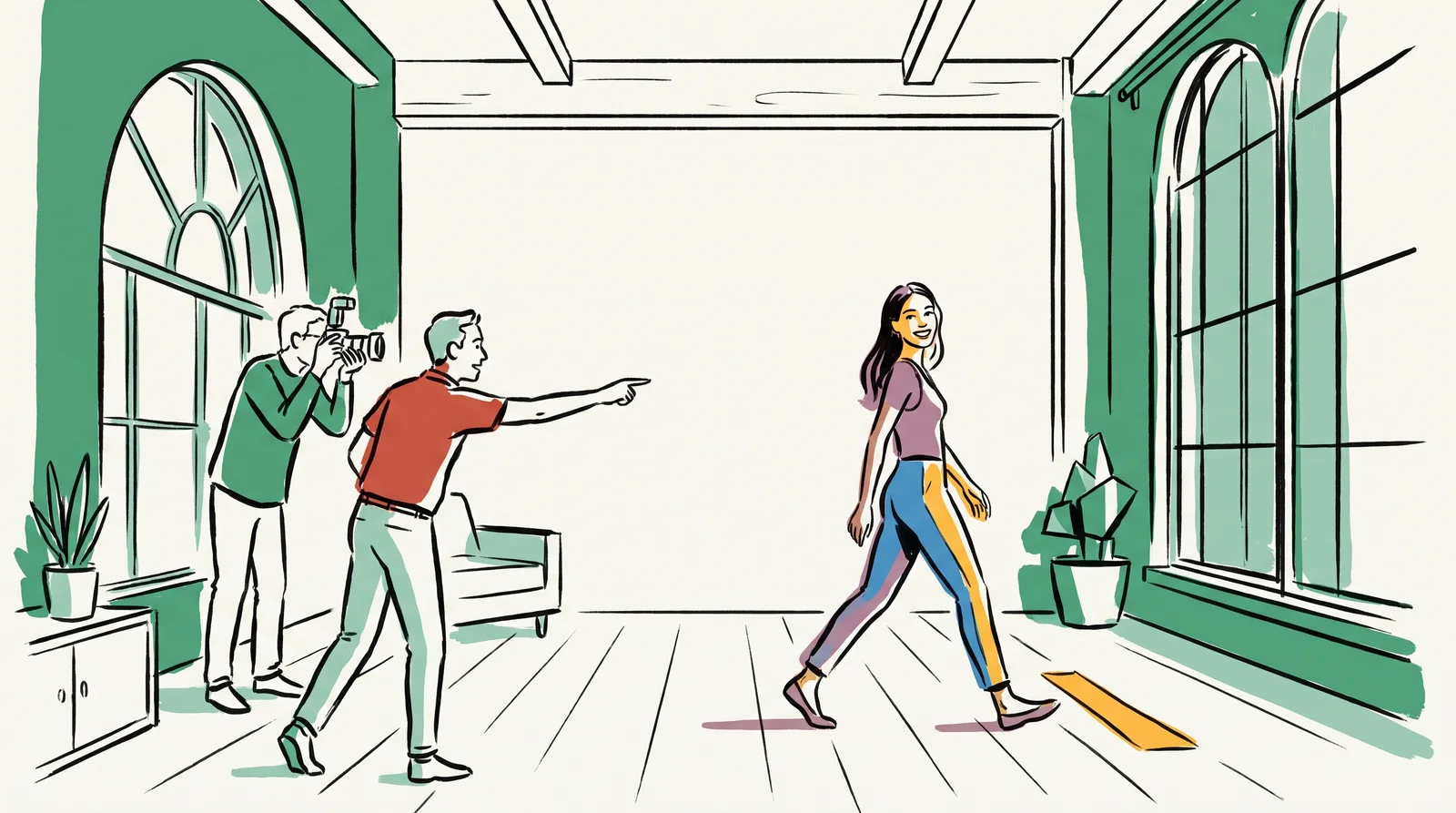 An ink drawing of a model walking toward a tape mark by a tall window and glancing back at the camera while the director points along her path.