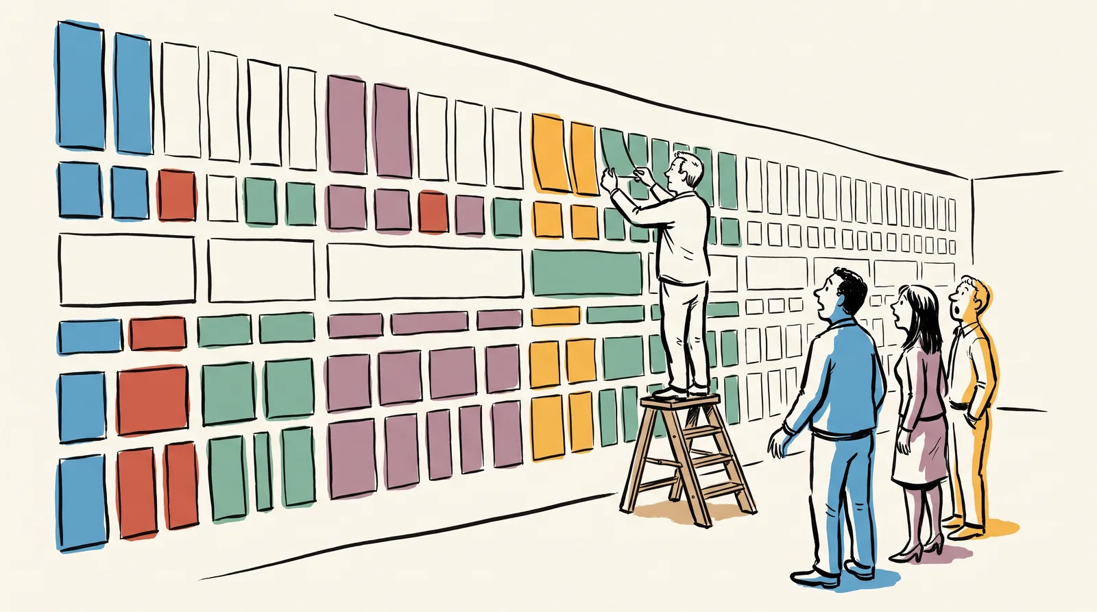 An ink drawing of a wall covered in blank paper rectangles of many shapes, with a producer adding more from a step stool while colleagues stare.