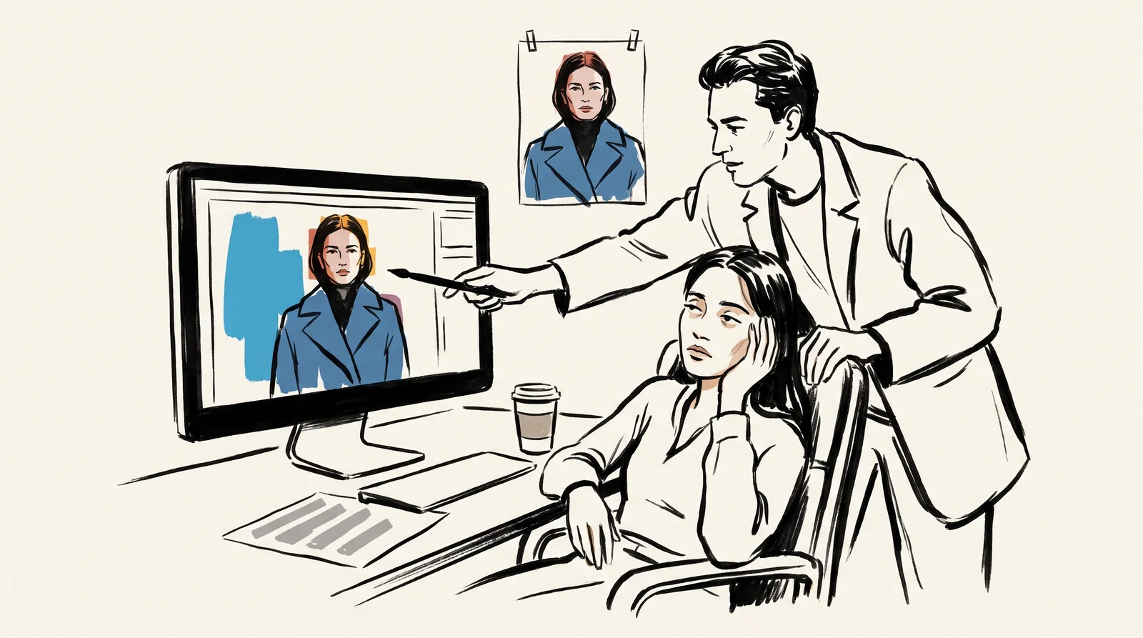 An ink drawing of an art director leaning over a retoucher's shoulder and pointing at a portrait on the screen, with the approved reference pinned on the wall behind.