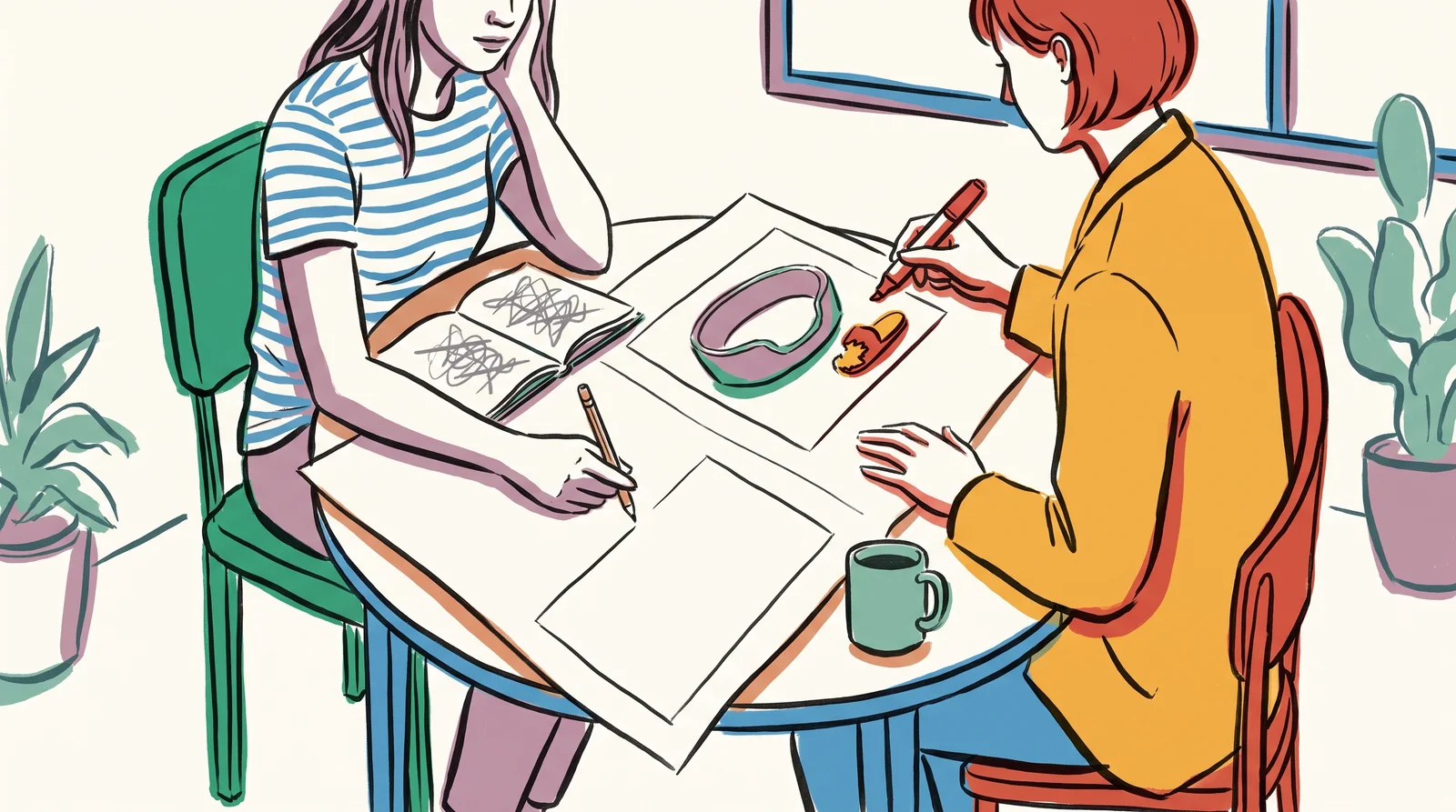 An ink drawing of a writer and an art director sitting shoulder to shoulder over one layout showing an empty dog bed, one holding a pencil and the other a marker.