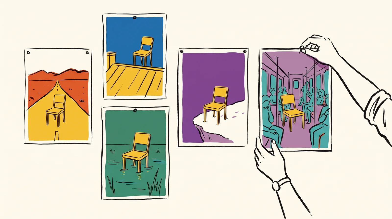 An ink drawing of a wall of posters each showing the same yellow chair in a different place, with a junior designer pinning up a new one set in a train carriage.