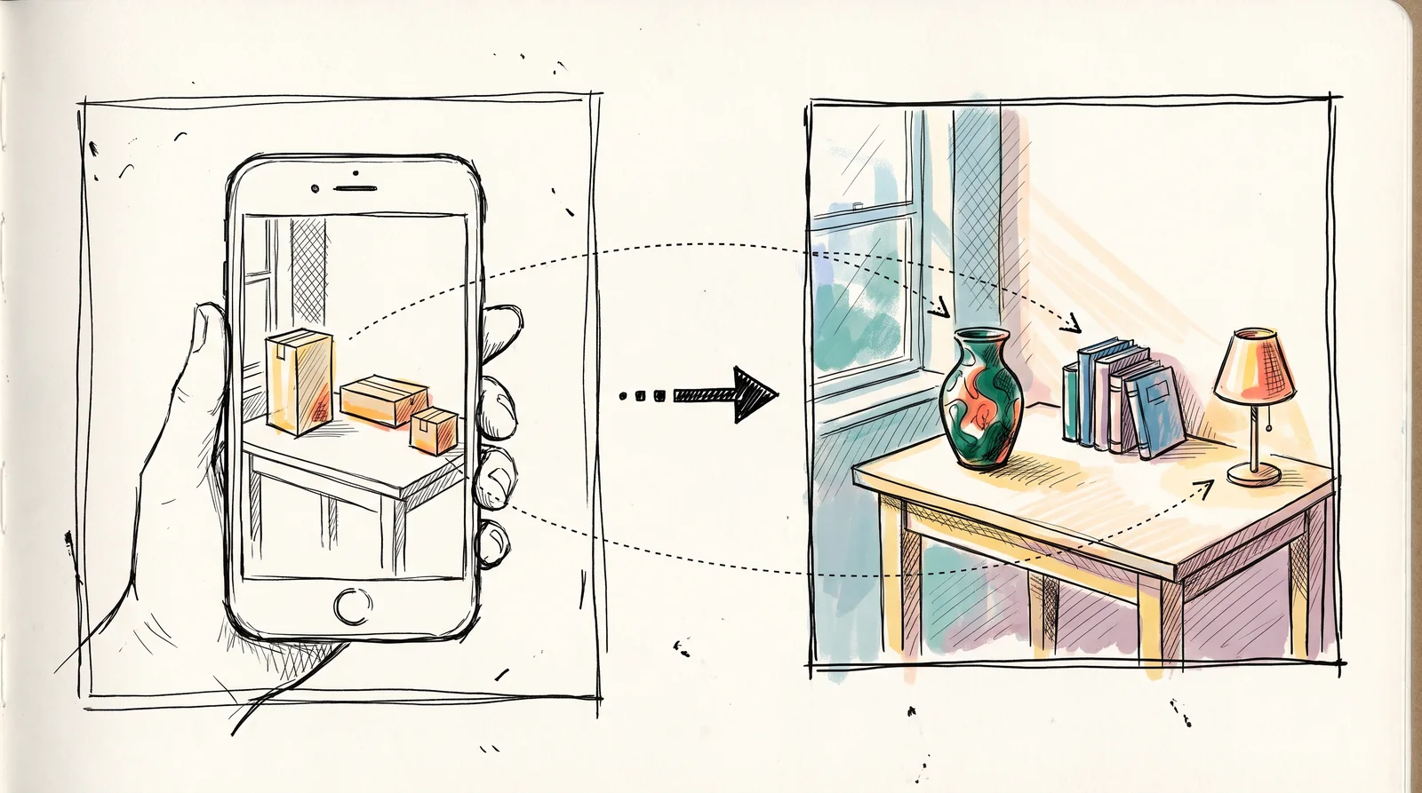 On the left a phone shows a photo of three cardboard boxes on a table by a window, and on the right a finished interior has a vase, books and a lamp in the same positions, joined by dotted lines.